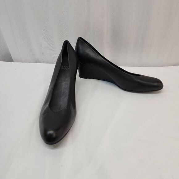 Stuart Weitzman Size 8 Black Leather Women's Wedge Slip On Almond Toe Heel Pumps - Picture 2 of 10